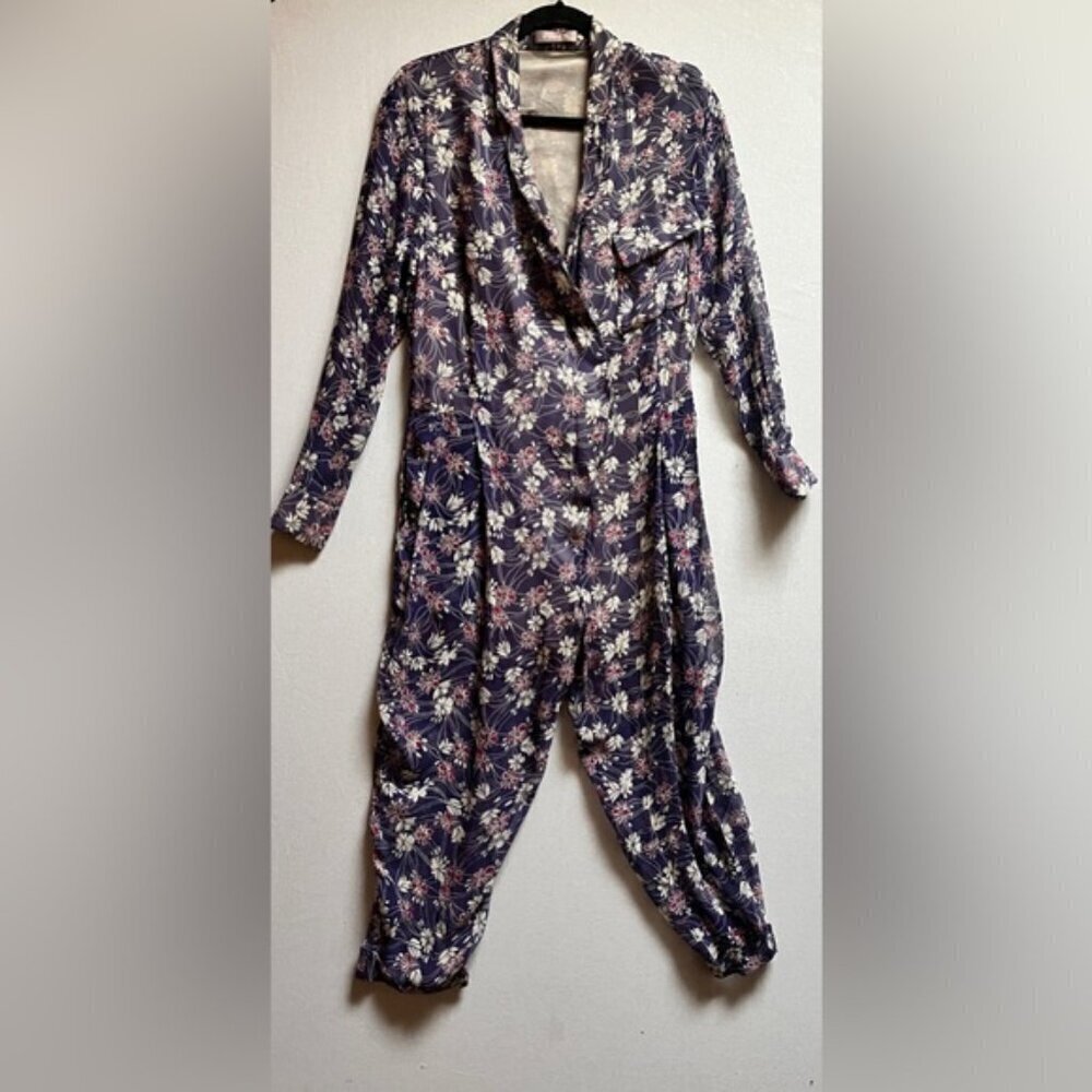 Pan's Silk Floral Jumper Romper Long Sleeve V-Neck Purple Pink Size M 18.5 ptp